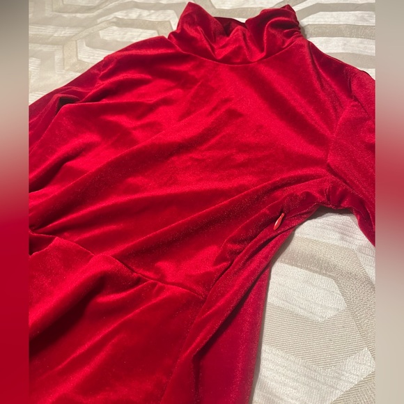 NWOT SHEIN Mock Neck Vibrant Red Velvet Draped Dress, Size Small - Picture 3 of 7